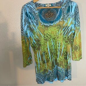 One World Womens Artsy Boho Earthy Fairy Gypsy Babydoll Top Size M